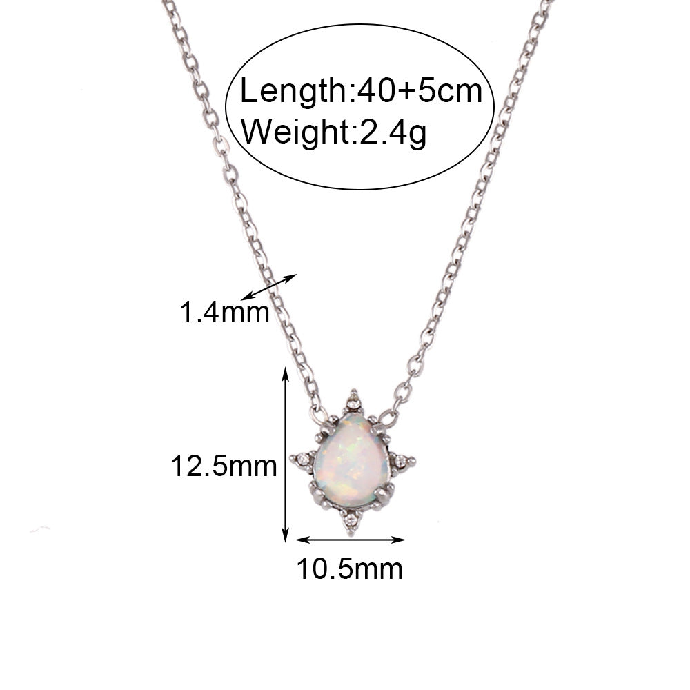 Fashionable Vintage Stainless Steel Water-Drop Shaped Australian Opal Pendant Necklace for Women with Electroplating Finish