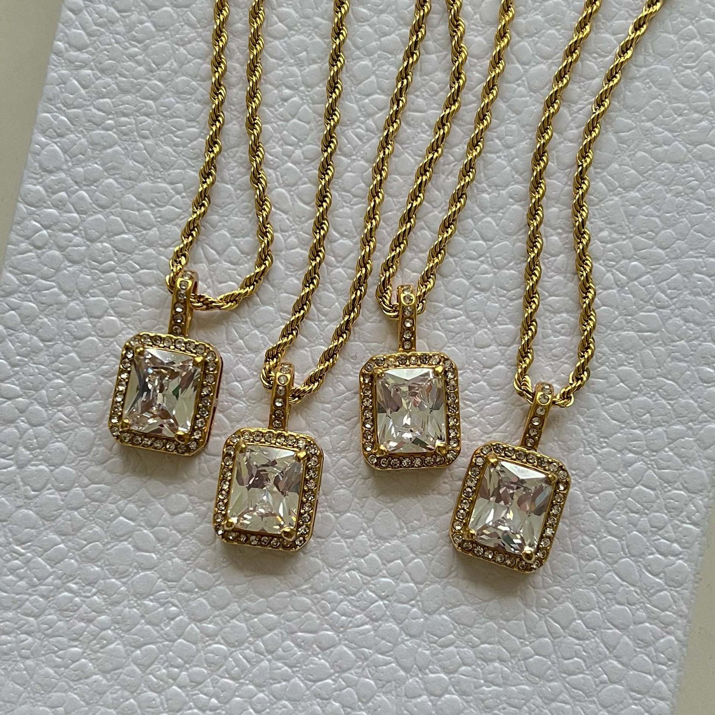 Minimalist Geometric Square Pendant Necklace in Titanium Steel with Rhinestone Pave Setting and Plated Finish for Women