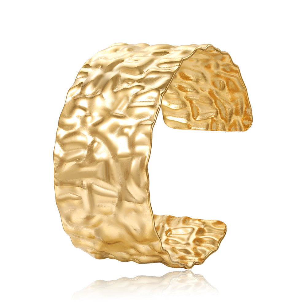 18K Gold Plated Titanium Steel Hammered Textured Geometric Open Cuff Bracelet for Women