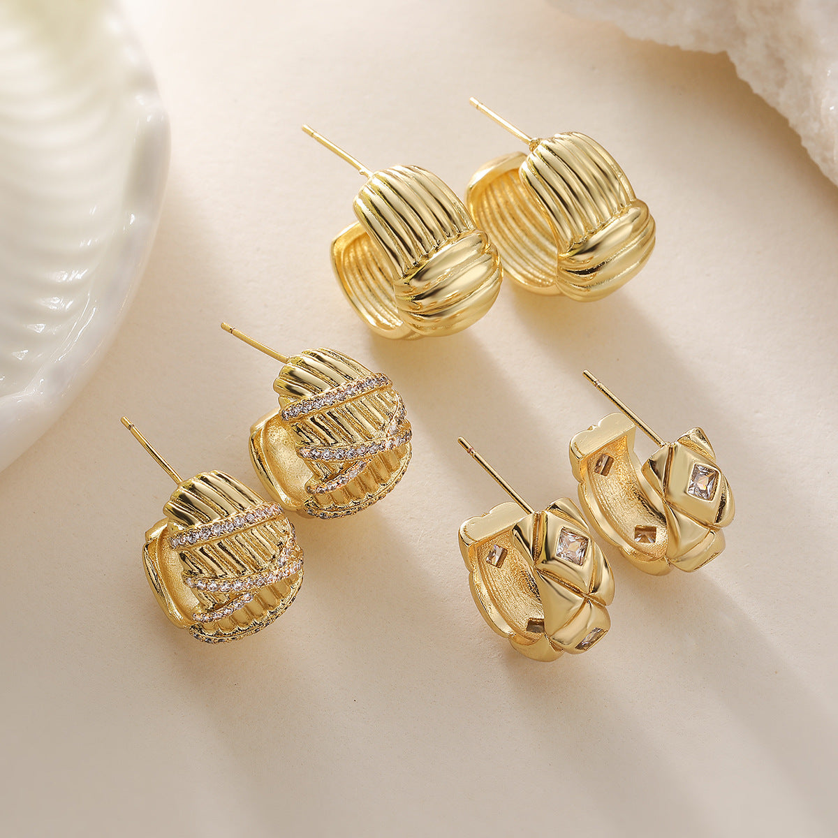 Vintage Punk Geometric C-Shaped Copper Earrings with 18K Gold Plating and Micro-Paved Zirconia for Women