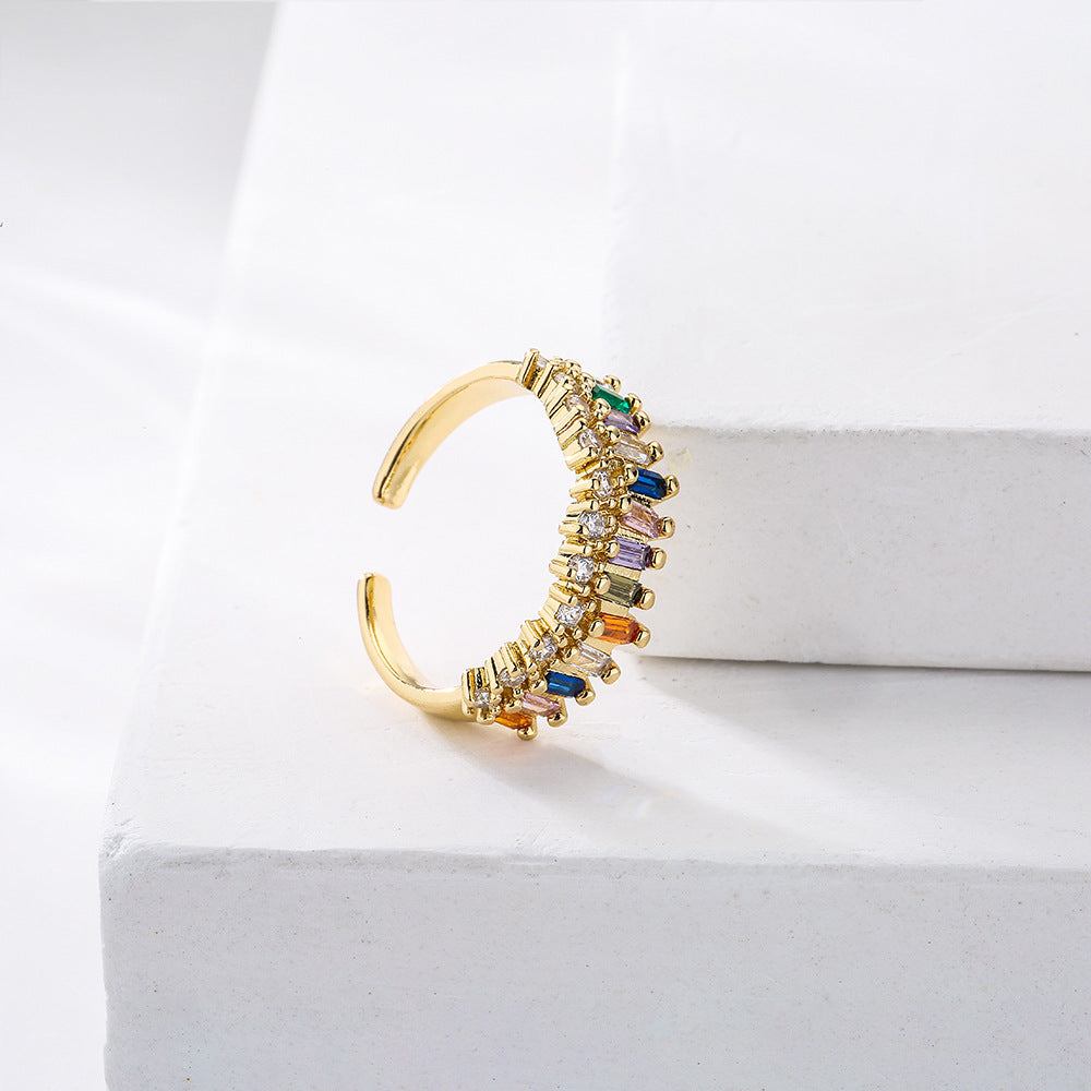 Geometric Open Ring in Copper with 18K Gold Plating and Rainbow Zircon Inlay for Women