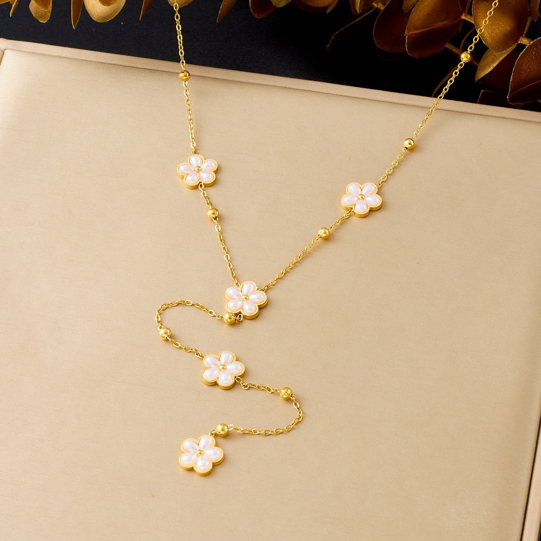Gold Plated Stainless Steel Floral Pendant Necklace with Simulated Pearl Tassel for Women