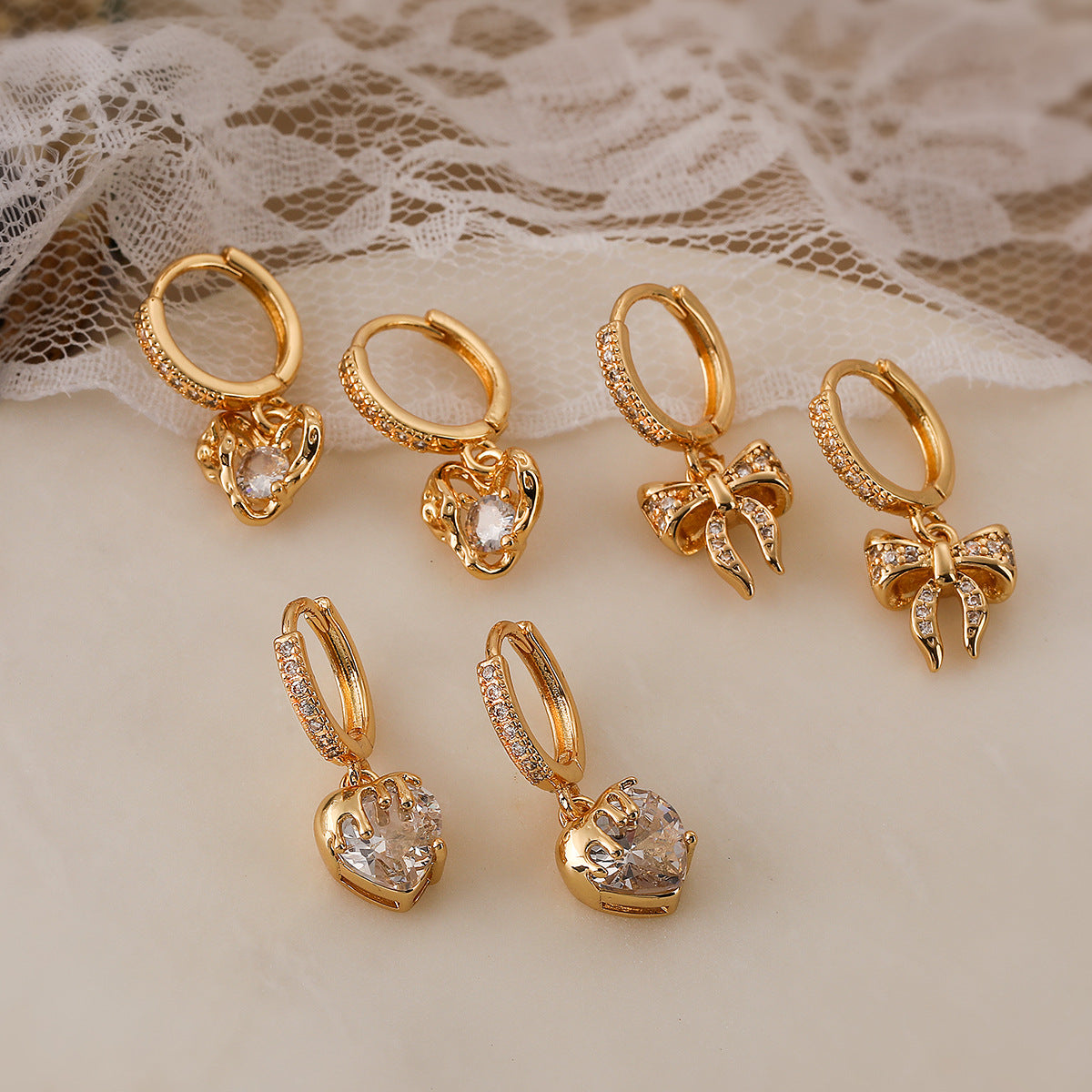 Minimalist Geometric Bowknot Heart-Shaped Zirconia Earrings for Women with Copper Base and 18K Gold Plating