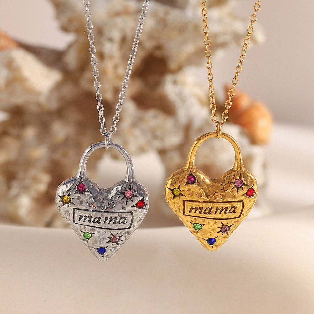 Luxury Vintage Heart-Shaped Stainless Steel Pendant Necklace with 18K Gold Plating and Colored Zircon for Women