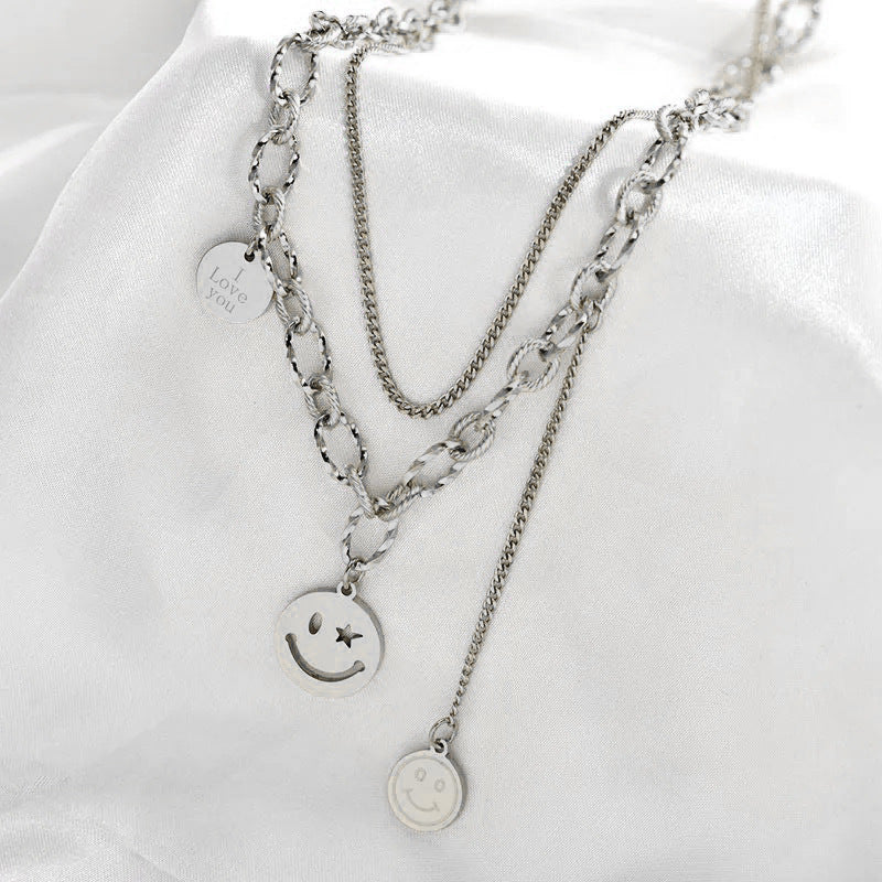 Cute Geometric Smiley Face Double-Layer Titanium Steel Necklace for Women with Plated Finish and Cross Chain Style