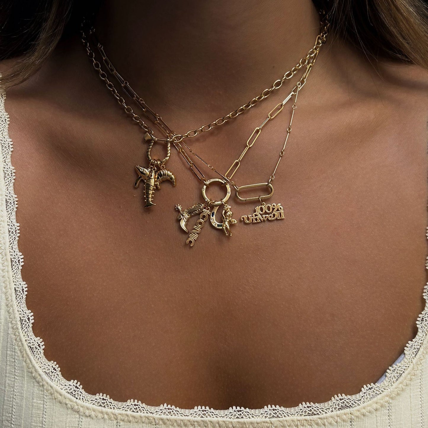 Gold Plated Brass Fruit Charm Bar Necklace with Cubic Zirconia for Women