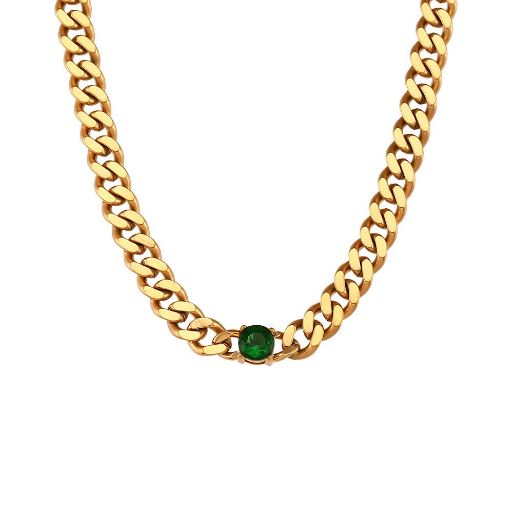 Fashion Geometric 18K Gold Plated Stainless Steel Cuban Chain Necklace with Round Zircon for Women