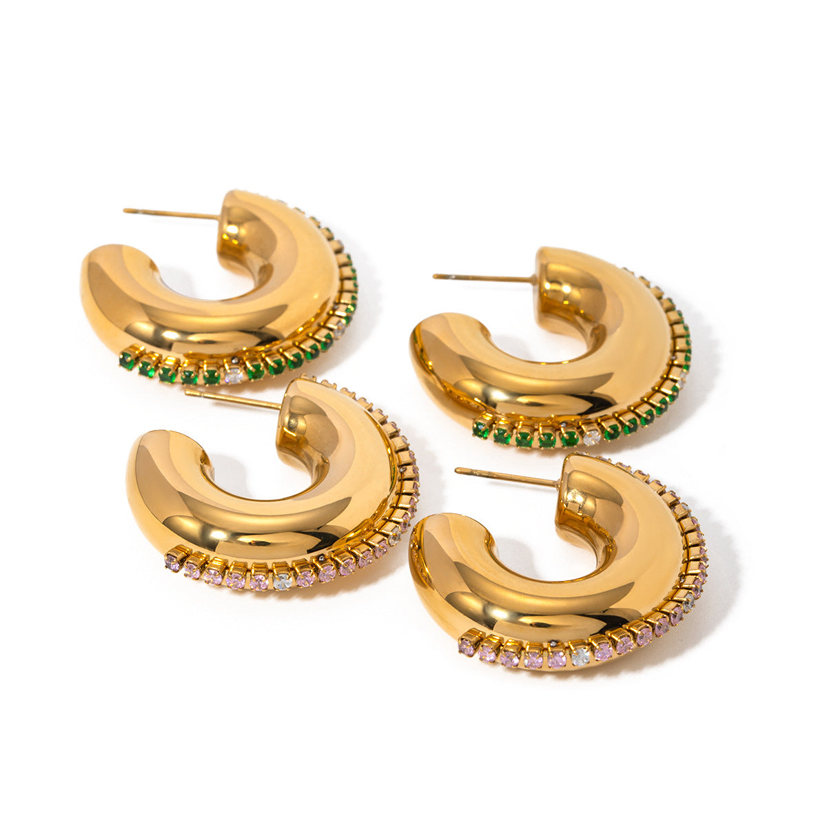 Orecchini a cerchio minimalisti da donna placcati oro 18 carati in acciaio inossidabile con strass verdi e bianchi a forma di C