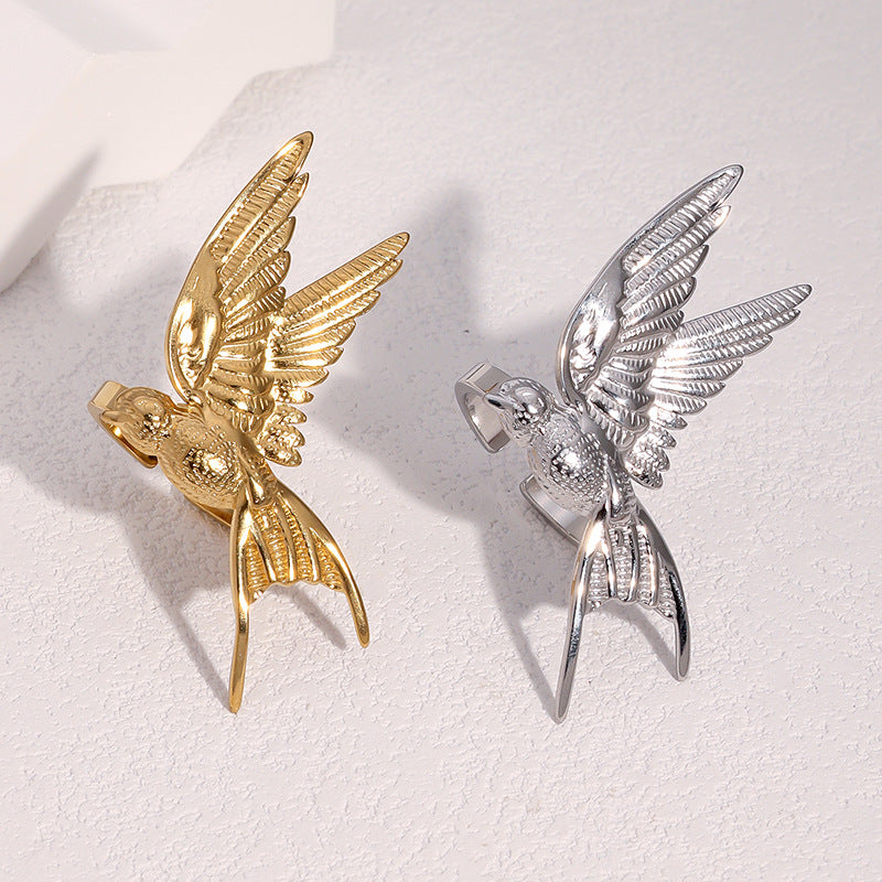Minimalist Bird-Shaped Open-Style Ring in Stainless Steel with 18K Gold Plating for Women
