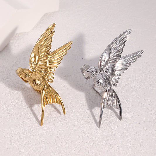 Minimalist Bird-Shaped Open-Style Ring in Stainless Steel with 18K Gold Plating for Women