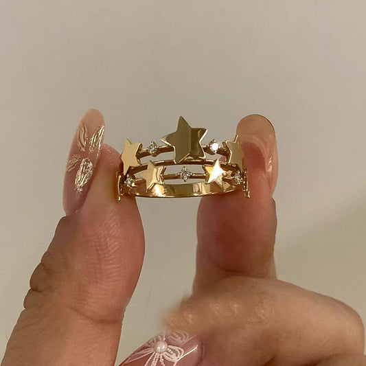 Anello Aperto a Stella Francese Retrò di Lusso da Donna con Zirconia Cubica Incassata in Rame