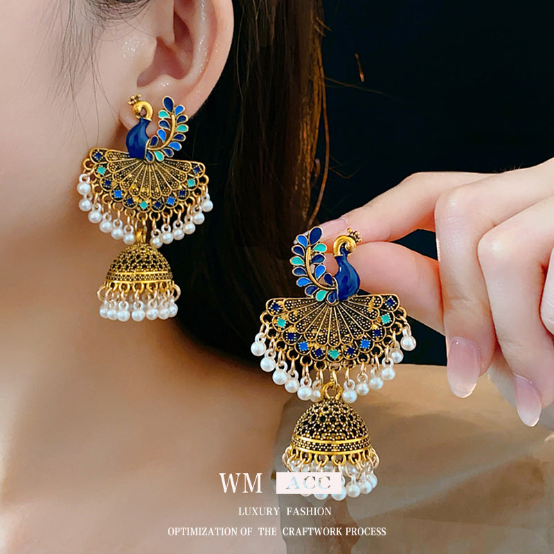 Pendientes colgantes geométricos de inspiración étnica vintage con acabado esmaltado y flecos para mujer