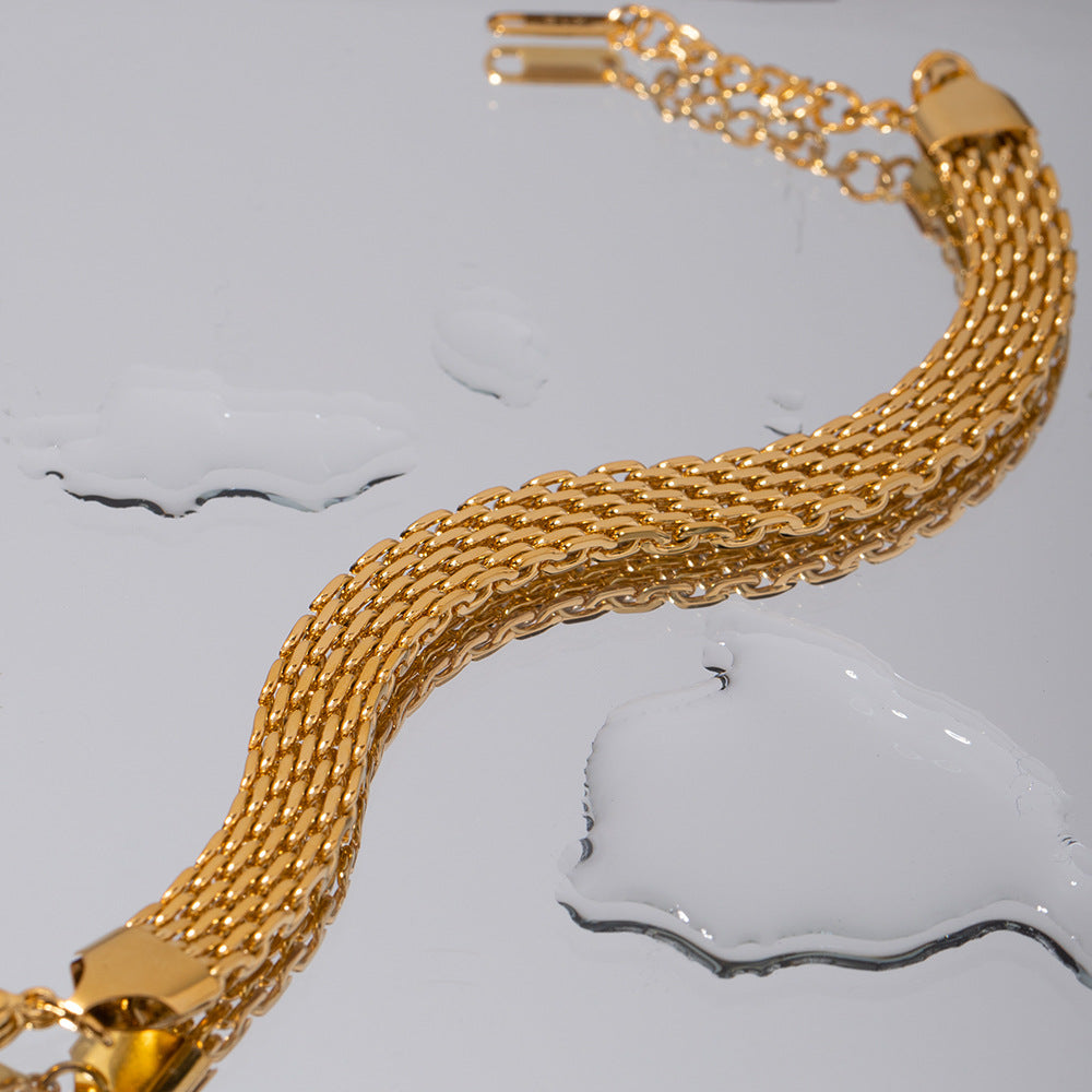 Geometric Stainless Steel Bracelet with Zircon Inlay for Women, Titanium Steel and 18K Gold Plated Accent Chain