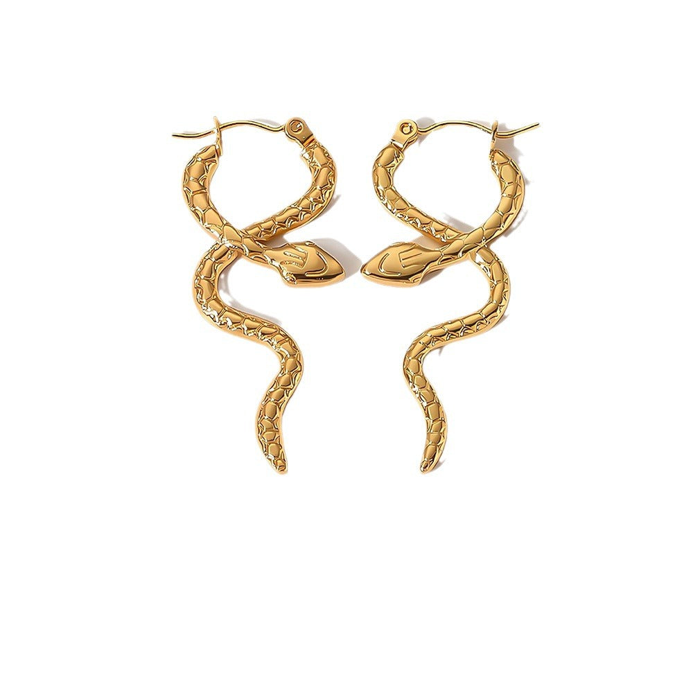 Snake Shape Stainless Steel Earrings with 18K Gold Plating for Women — Geometric, Stylish, Unique, High-End Fashion Ear Cuffs
