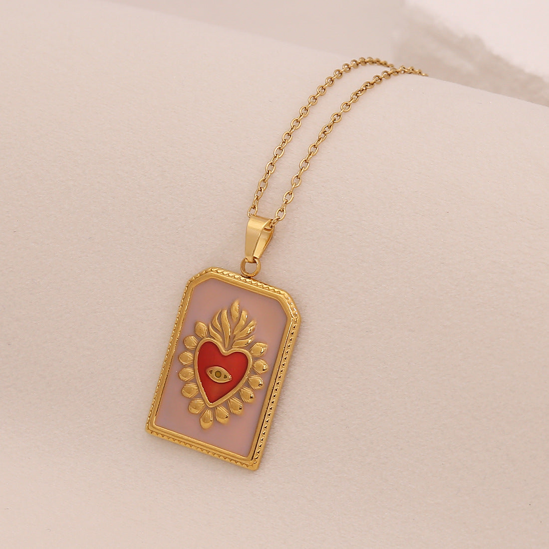 Fashionable Heart-Shaped Tarot Pendant Necklace in Stainless Steel with Enamel Finish for Women