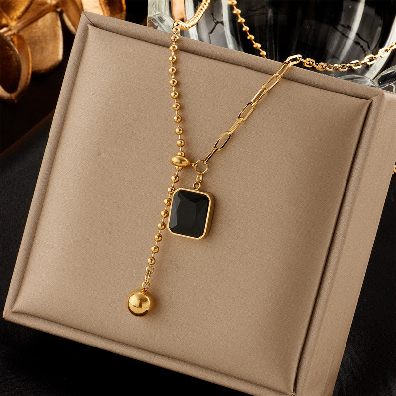 Minimalist Butterfly and Heart Shaped Stainless Steel Pendant Necklace with Rhinestone Inlay, Irregular Square Design and Fringe Chain