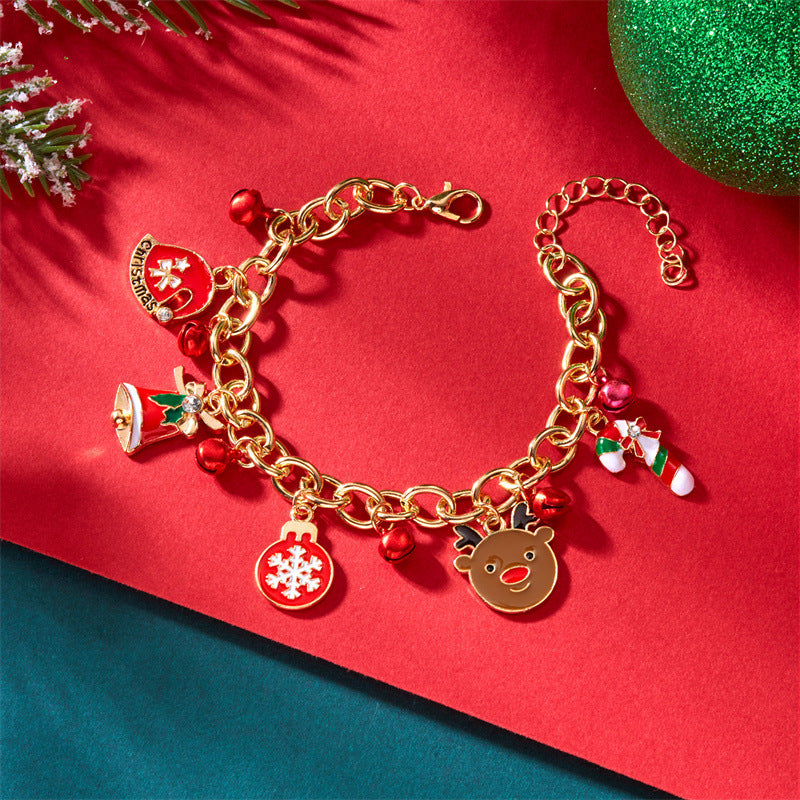 Christmas-Themed Charm Bracelet with Santa, Reindeer, Snowflake, and Bell Charms in Gold and Silver Plated Alloy for Unisex Wear