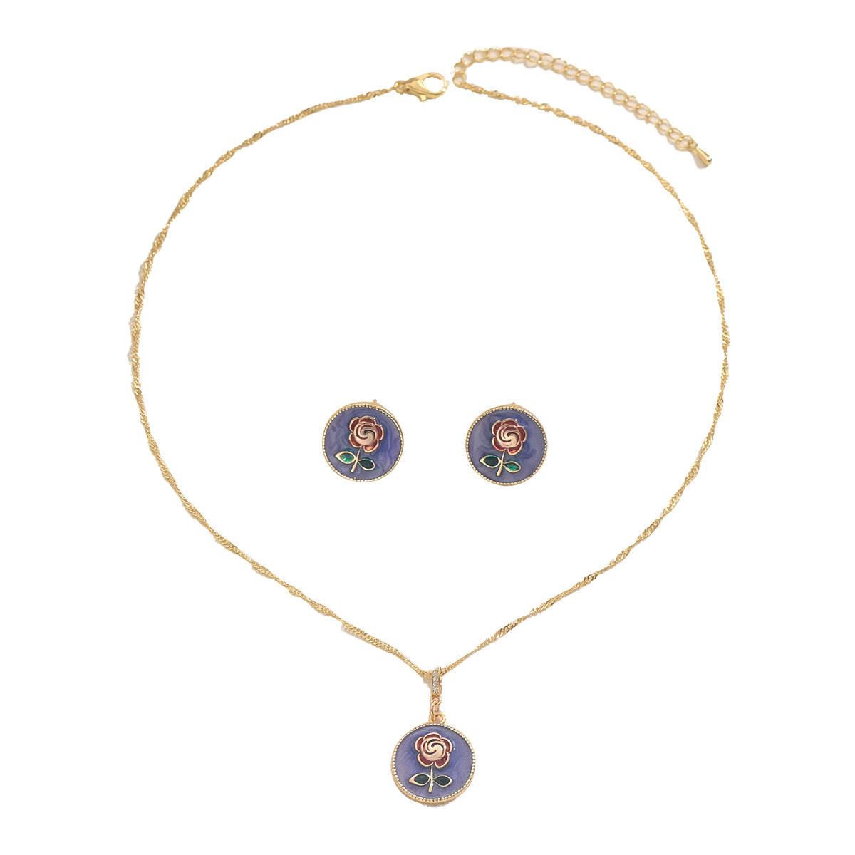 Juego de collar y pendientes de cobre esmaltado con diseño floral de rosa minimalista para mujer con cadena de colgante largo