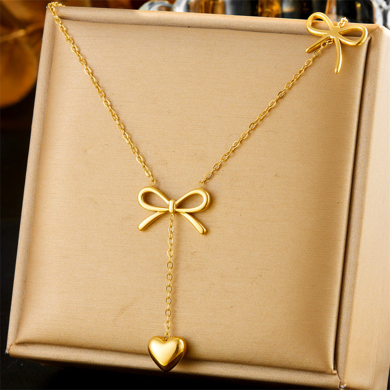 Minimalist Gold Plated Stainless Steel Bow and Tassel Pendant Necklace for Women