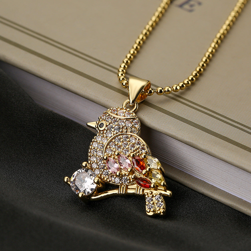 Minimalist Flamingo Pendant Necklace for Women in Copper with Colorful Zircon Inlay