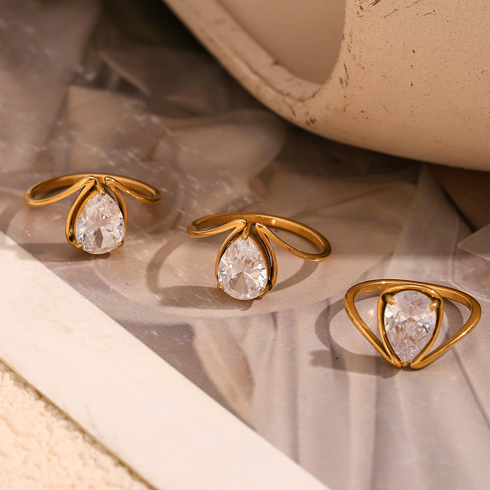 Minimalist Geometric Stainless Steel Ring with 18K Gold Plating and White Zirconia for Women