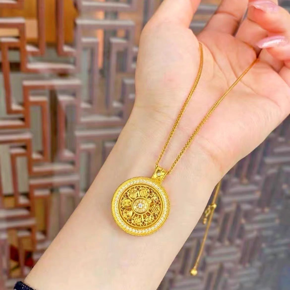 Vintage Chinese Style Hollow Eight Treasures Compass Pendant Necklace for Women Titanium Steel with Gold Plated Copper Charm and Choker Chain