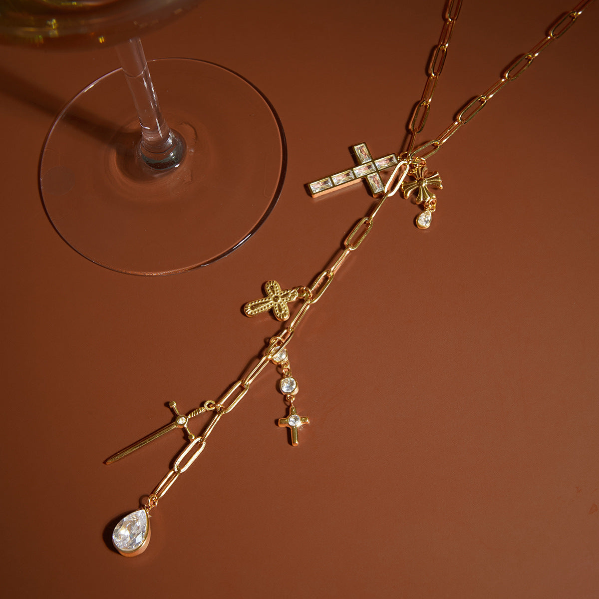 Minimalist Cubic Zirconia Cross Geometric Stainless Steel PVD Y-Chain Necklace for Women