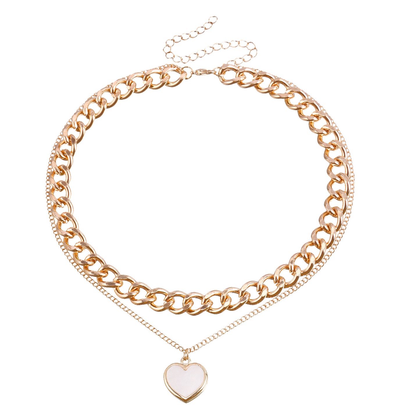 Punk Style Double-Layer Heart-Shaped Mother-of-Pearl Pendant Necklace for Women Alloy Chain with Plating Finish Lightweight Luxury Sweater Chain