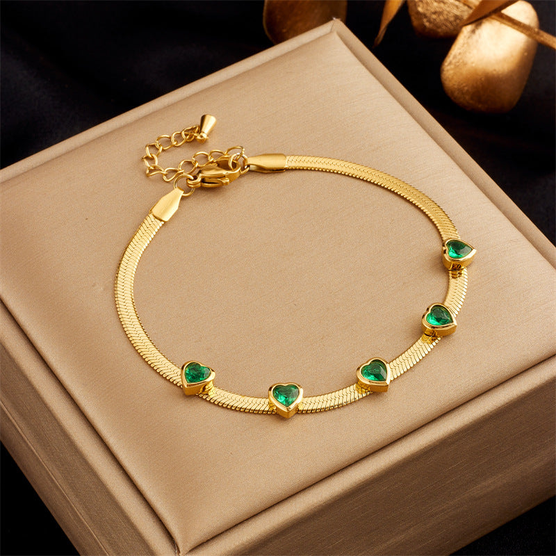 Minimalist Luxe Titanium Steel Heart-Shaped Pendant Necklace and Bracelet Set with Rhinestone Inlay and Snake Chain