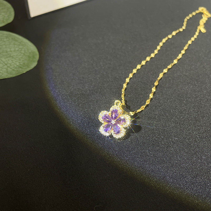Minimalist Daisy Pendant Necklace for Women Titanium Steel Five-Petal Flower Design with Micro-Pave Rhinestone Accents