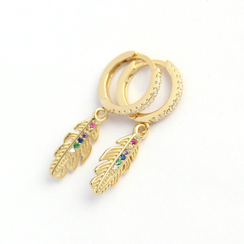 Eleganti Orecchini a Cerchio in Argento Sterling 925 a Forma di Piuma con Zirconi Cubici Colorati
