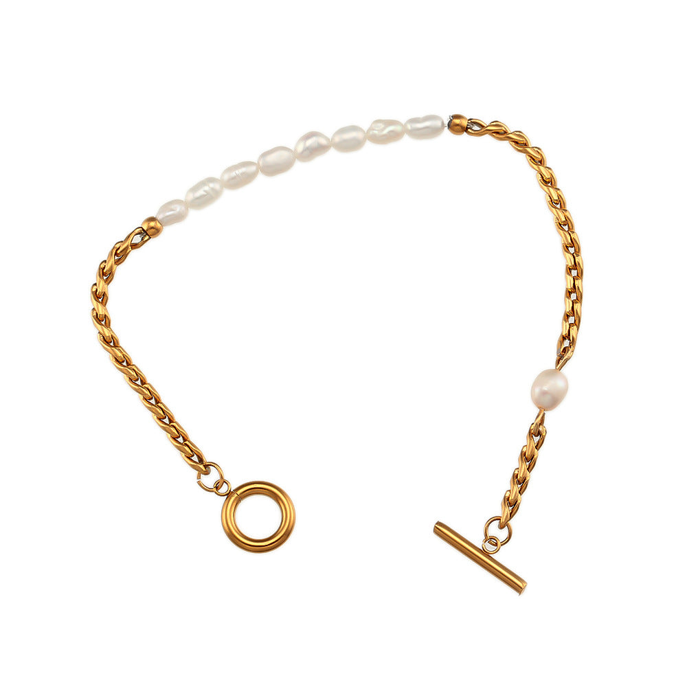 Pulsera Minimalista de Moda Geométrica de Acero Inoxidable con Chapado Trenzado y Perlas de Agua Dulce para Mujer