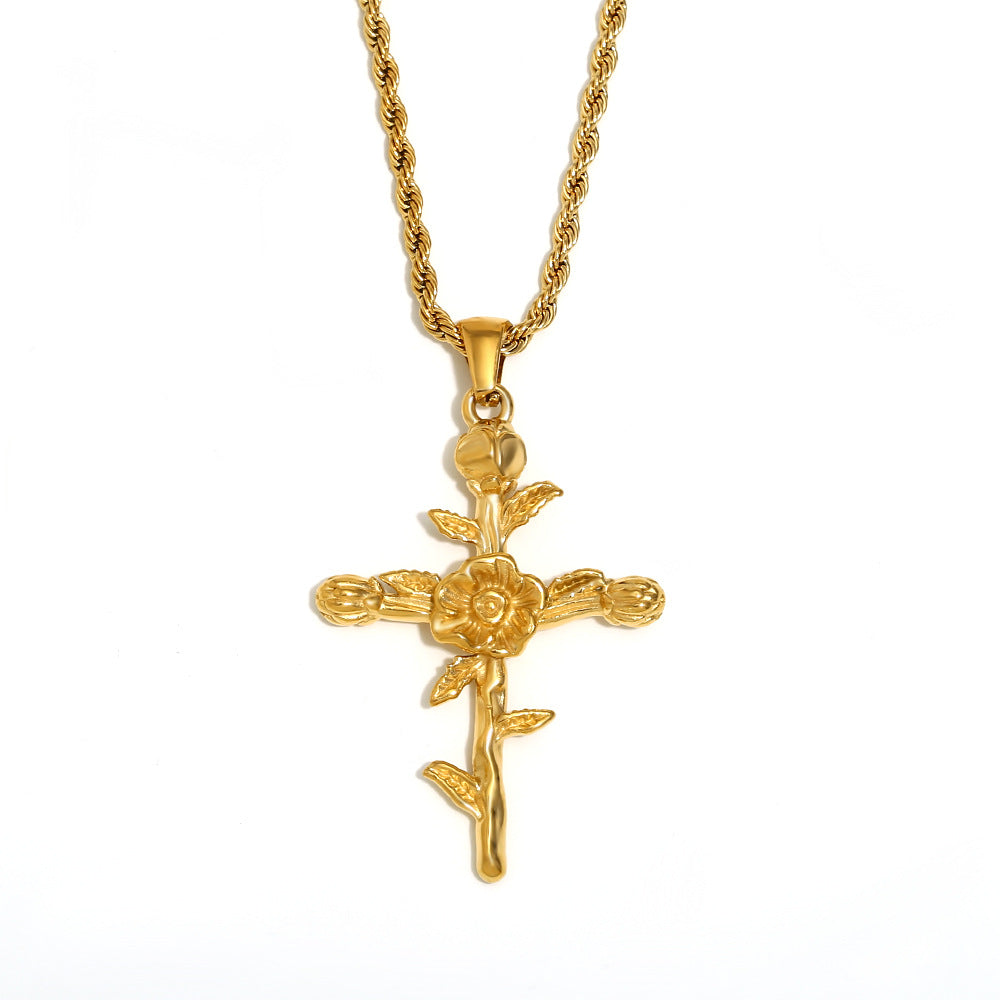 Vintage French-Style Floral Pendant Necklace in Stainless Steel with 18K Gold Plating for Women
