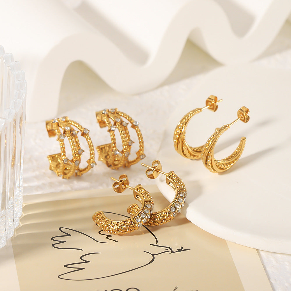 Geometric Stainless Steel Earrings with Zircon Inlay and Vacuum Gold Plating for Women