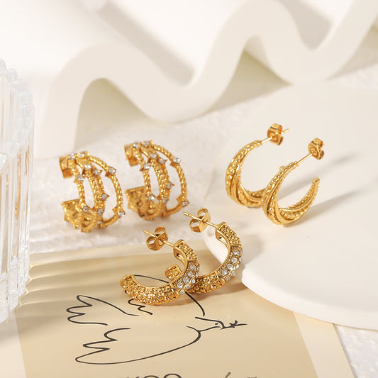 Geometric Stainless Steel Earrings with Zircon Inlay and Vacuum Gold Plating for Women