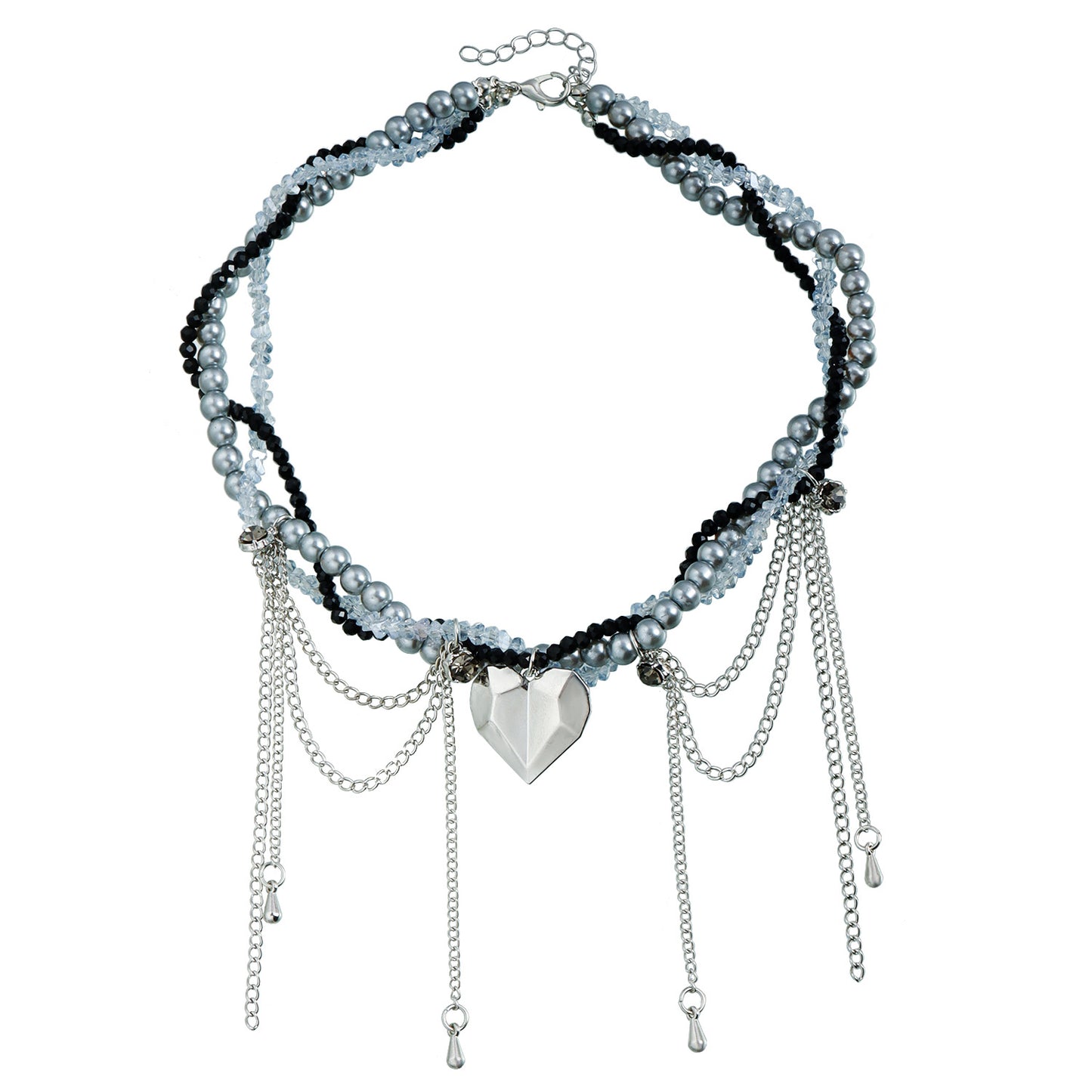 Fashionable Heart-Shaped Alloy Pendant Necklace with Dripping Fringe and Multi-Layer Glass Beads for Women