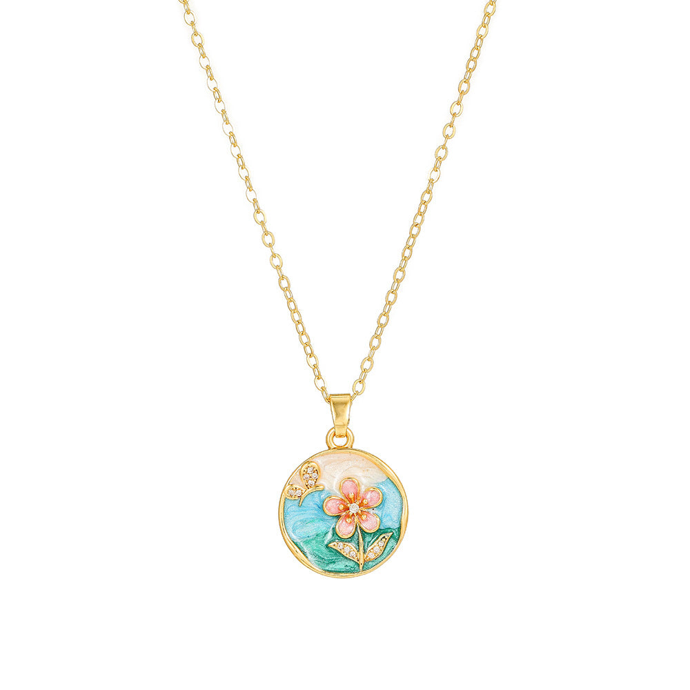 Elegant Drip Oil Floral Brass Gold Plated Necklace with Cubic Zirconia Inlay Cable Chain