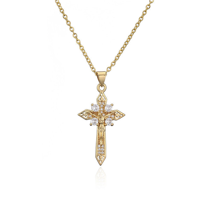 Gold Plated Brass Geometric Cubic Zirconia Inlay Pendant Necklace with Cable Chain