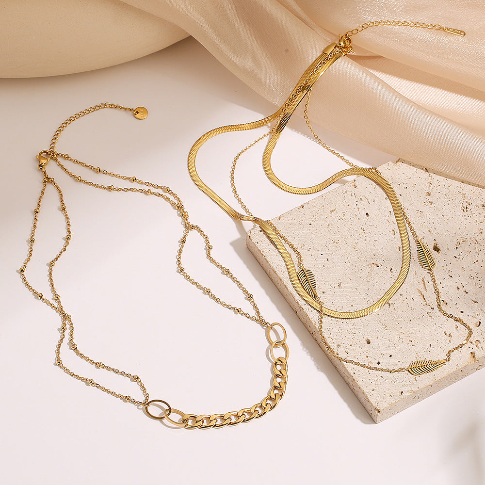 Minimalist Feather Tree Pendant Necklace for Women Titanium Steel Double Layer Clavicle Chain