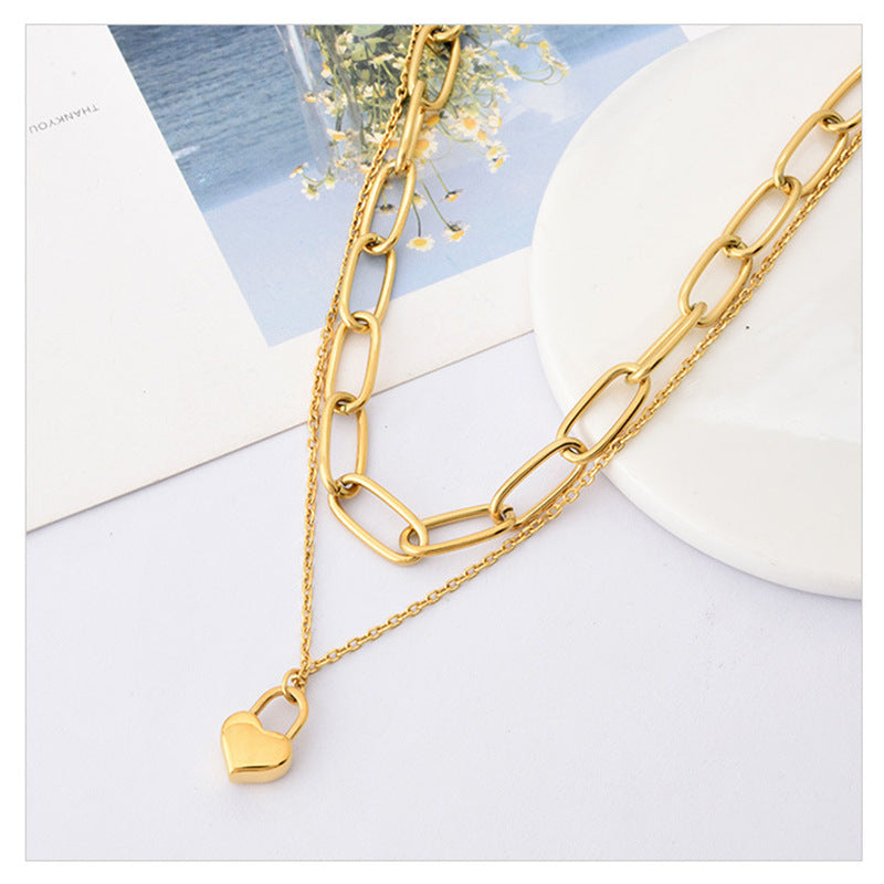 Minimalist Double Layer Heart-Shaped Titanium Steel Pendant Necklace with Plated Finish