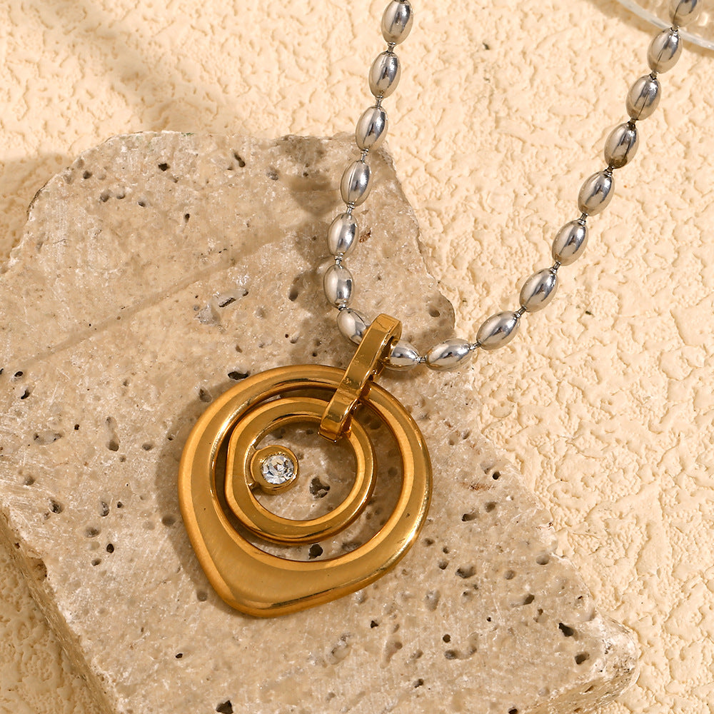 Minimalist Geometric Stainless Steel Pendant Necklace with 18K Gold Plating, Circular and Ring-Shaped Charms, Polished Round Beads, for Women