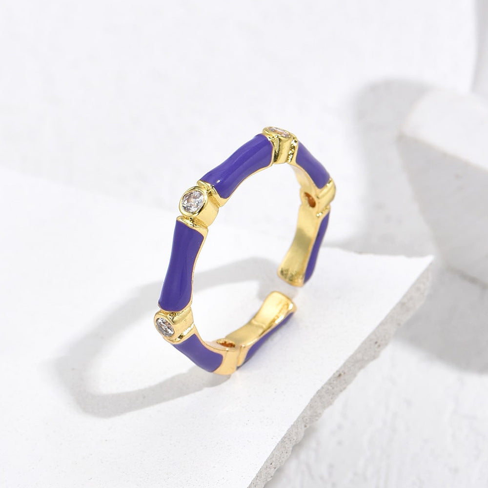 Elegant French-Style Geometric Copper Ring with Real Gold Plating and Enamel Zirconia for Women