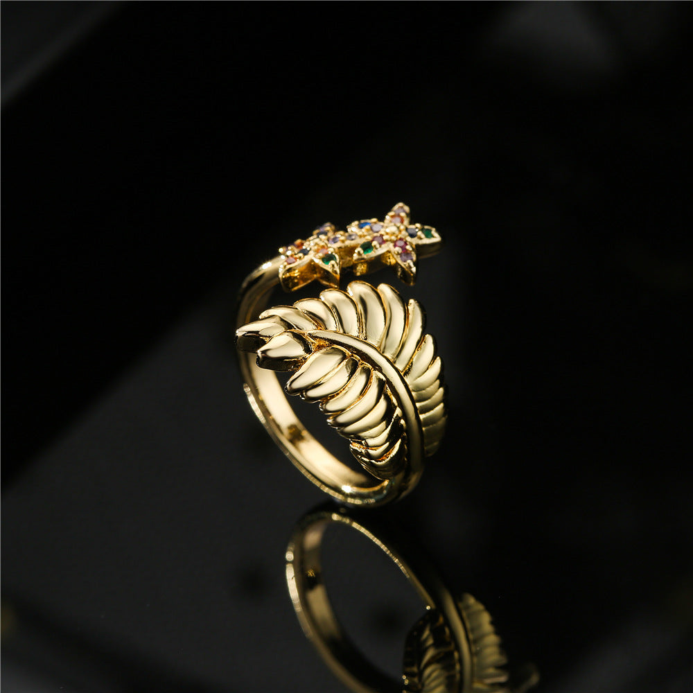Bohemian Vintage Geometric Leaf Star Gold Plated Brass Ring for Women