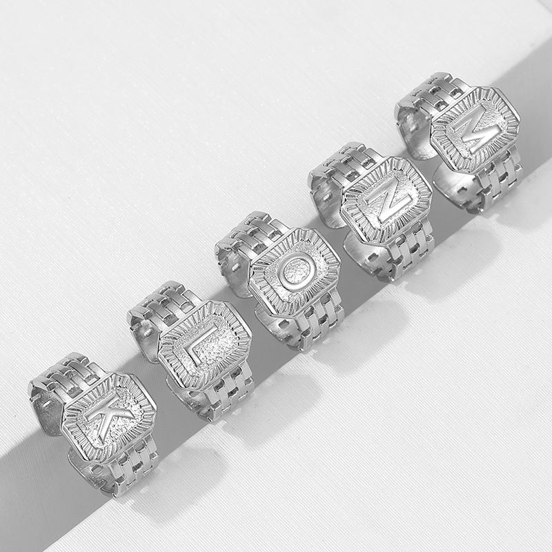 Anillo de letra ajustable de acero inoxidable con acabado chapado para dedo índice unisex estilo vintage