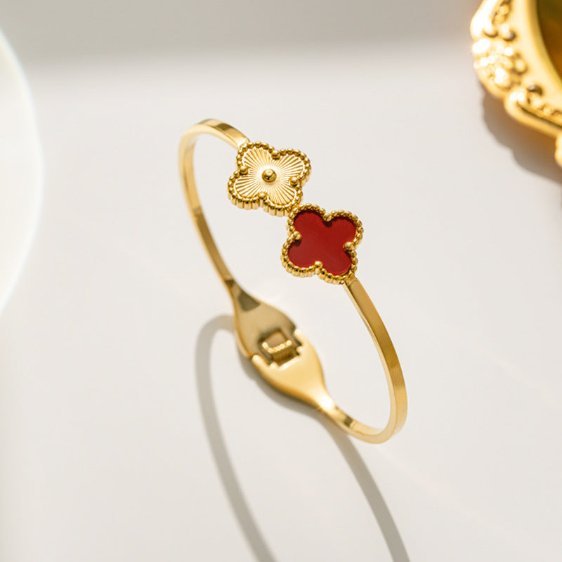 Minimalist Four-Leaf Clover Titanium Steel Bracelet for Women with Polished Finish and Adjustable Opening Design