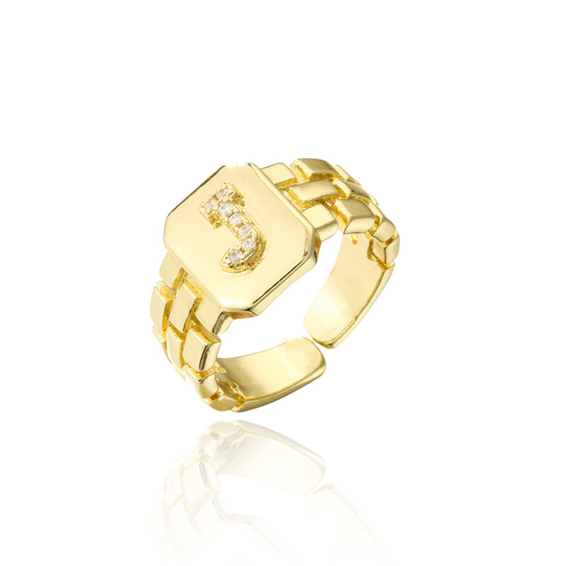 Minimalist Adjustable Open Ring with 18K Gold Plated Copper Band and AAA Zircon Letters Design