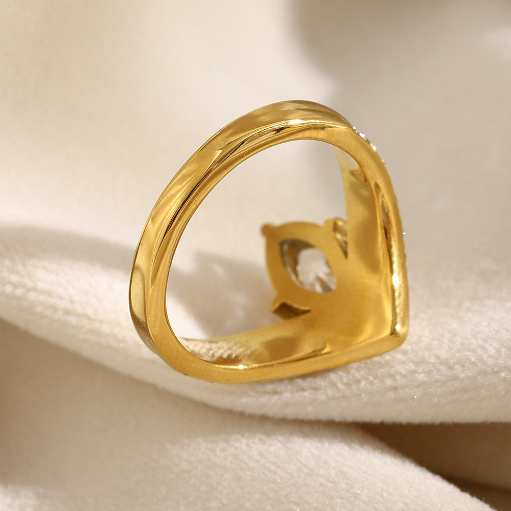 Anello Minimalista a Corona da Donna in Acciaio Inossidabile con Placcatura in Oro 18K e Intarsio di Zirconi