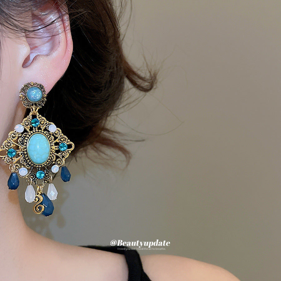 Pendientes de resina con diseño de rombo de estilo vintage con incrustaciones de diamantes de imitación para mujer, joyería minimalista geométrica para la oreja con postes de acero inoxidable