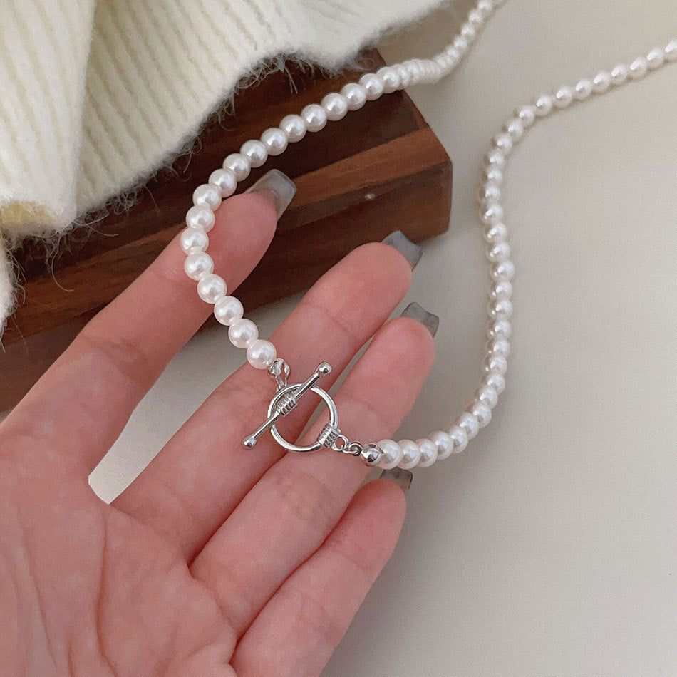 Sweet 925 Sterling Silver Geometric Round Crystal Pearl Necklace for Women