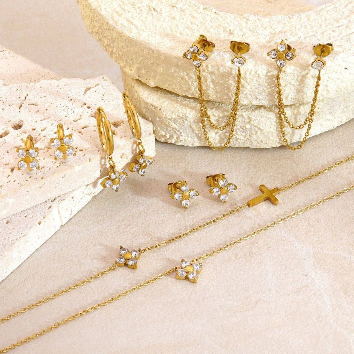 Sweet Elegant 18K Gold Plated Stainless Steel Cross Floral Necklace and Earring Set with Cubic Zirconia